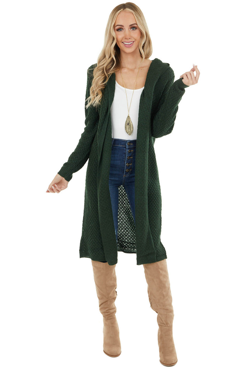 Forest Green Textured Loose Knit Duster Cardigan with Hood