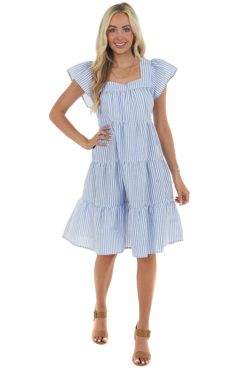 Dusty Blue Striped Babydoll Tiered Short Dress