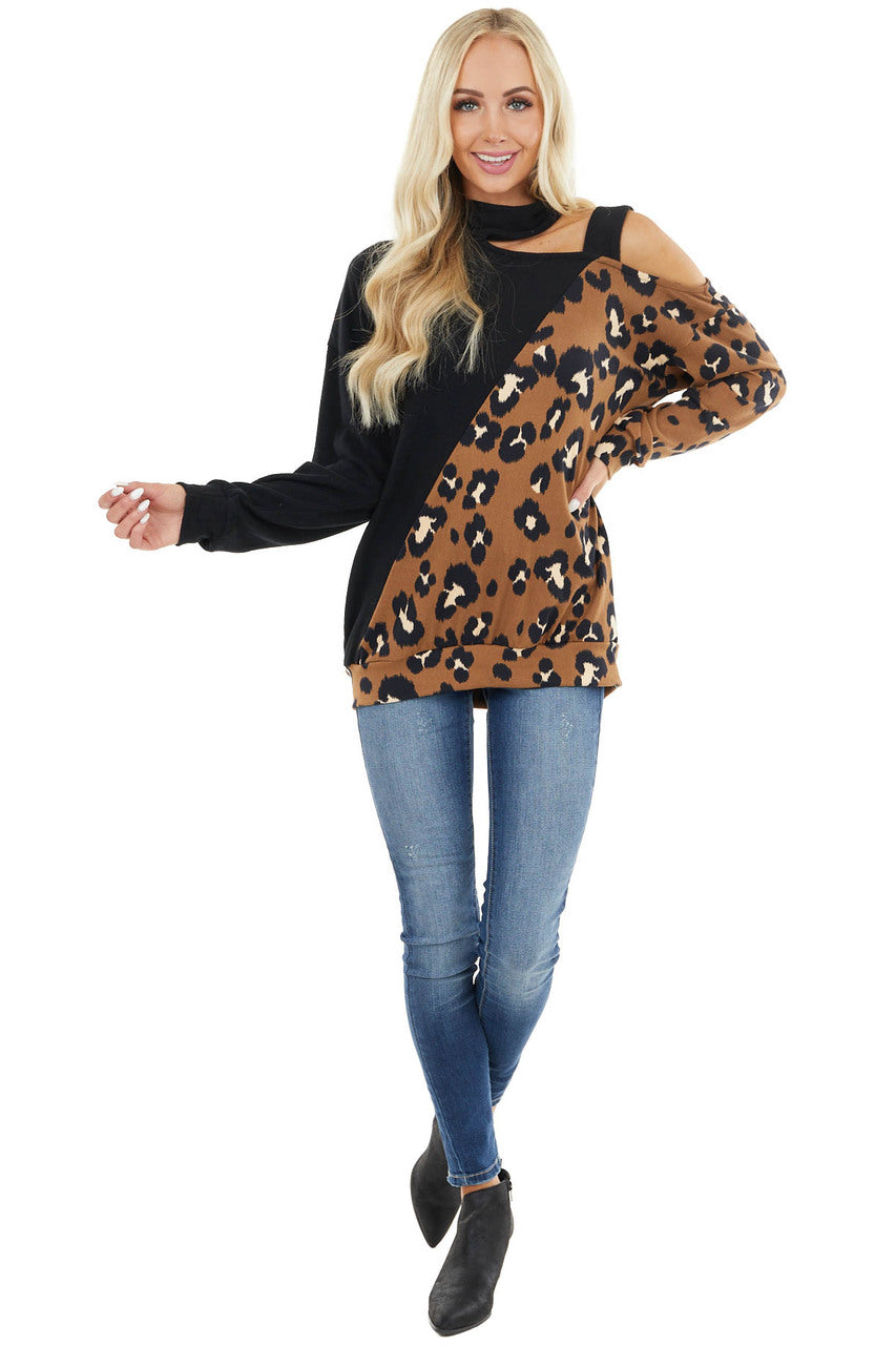 Black and Leopard Print Knit Top with Shoulder Cutout Detail