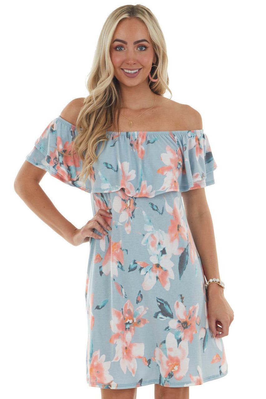 Sky Floral Off Shoulder Overlay Mini Dress