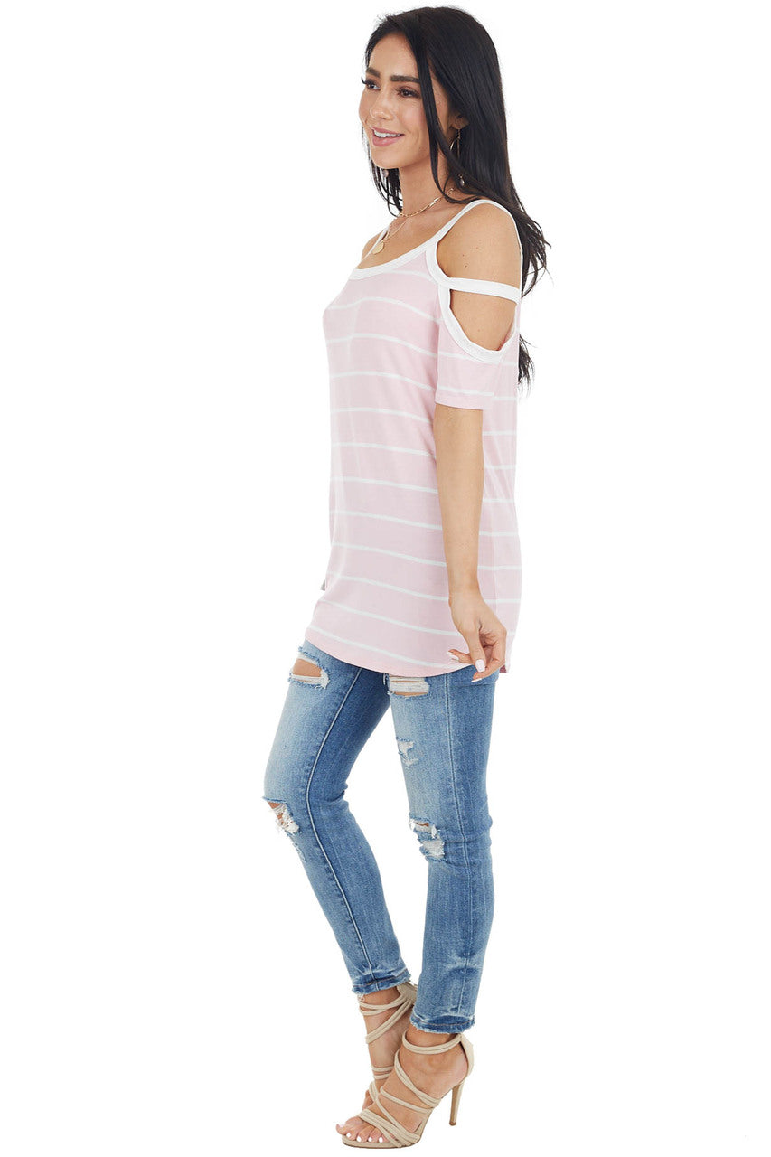 Baby Pink and Ivory Striped Strappy Cold Shoulder Top 