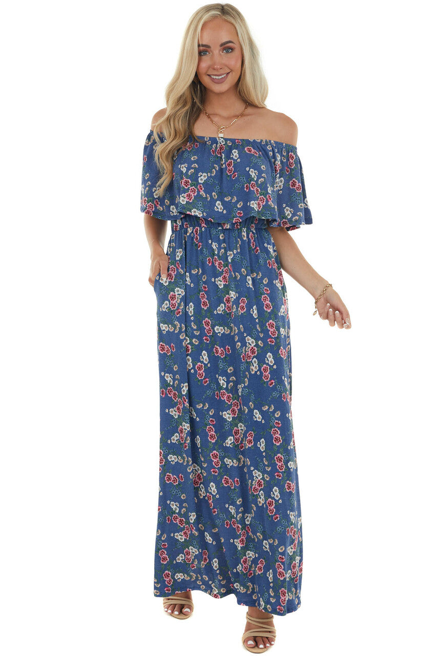 Off the Shoulder Navy Floral Print Maxi Dress