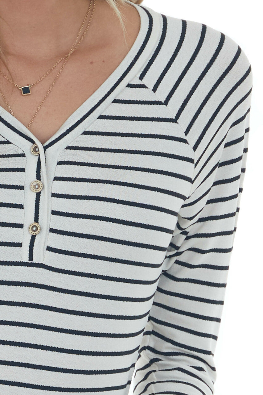 Ivory and Black Striped Henley Style Bodysuit 