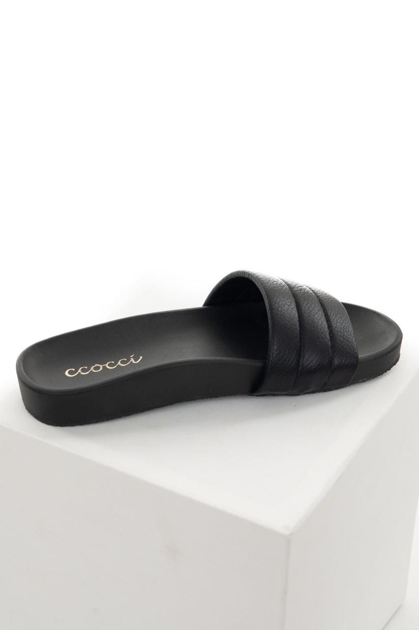 Black Faux Leather Slide On Sandals 