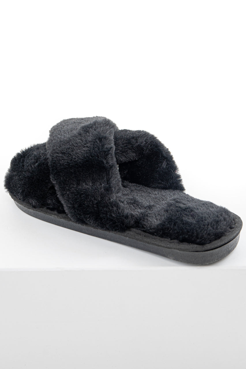 Black Super Soft Fuzzy Slippers with Criss Cross Straps
