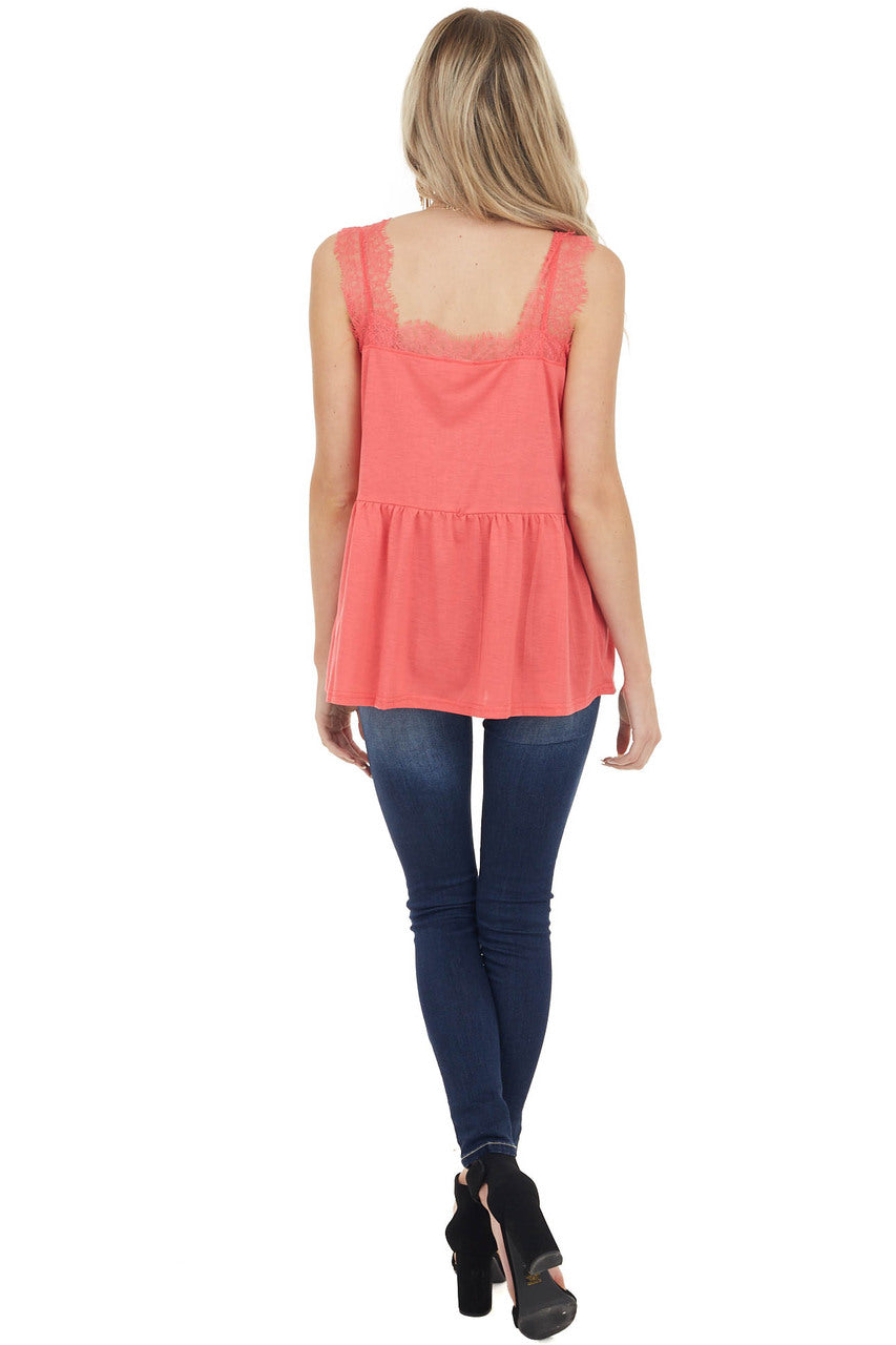 Coral Sleeveless Drop Waist Top with Eyelash Lace Straps