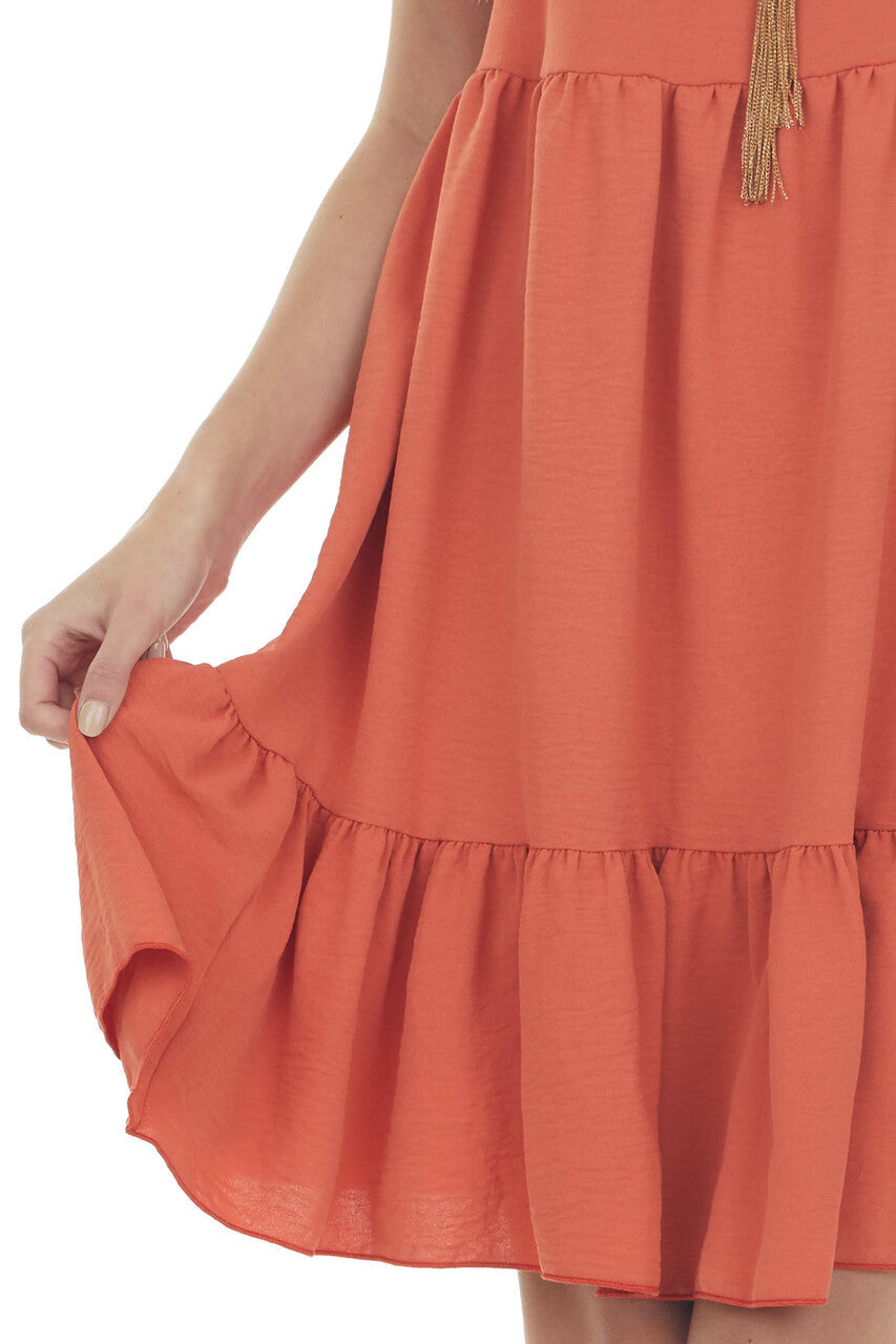 Rust Sleeveless Short Tiered Woven Dress