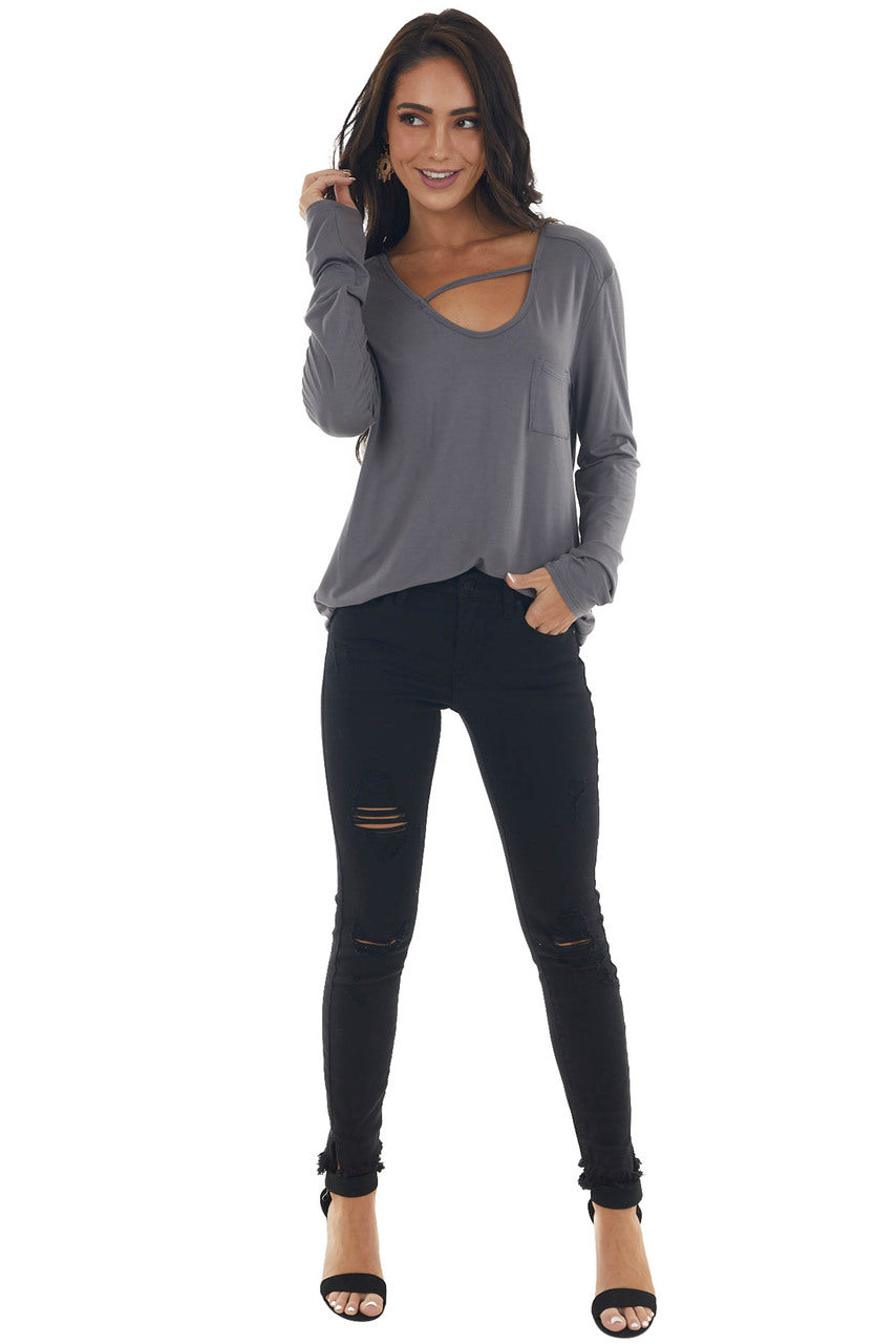 Charcoal Long Sleeve V Neck Cut Out Knit Top 
