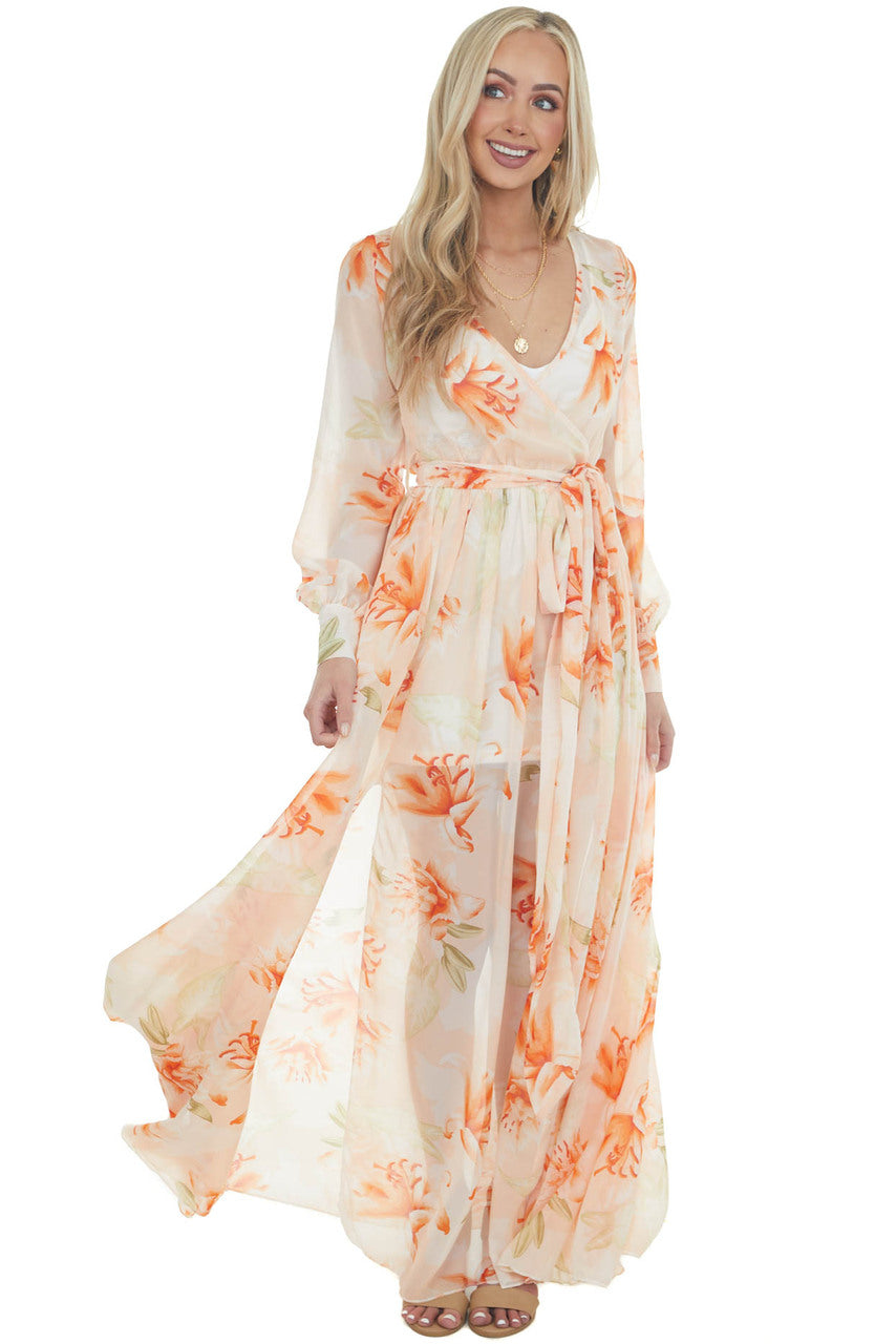 Light Peach Floral Print Long Sleeve Sheer Woven Maxi Dress