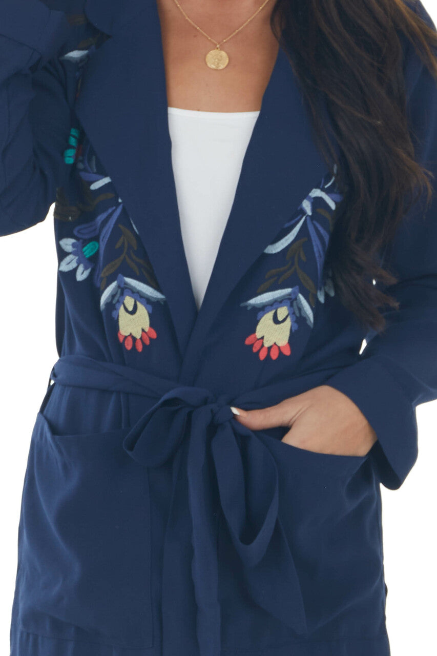 Navy Floral Embroidered Open Midi Jacket 
