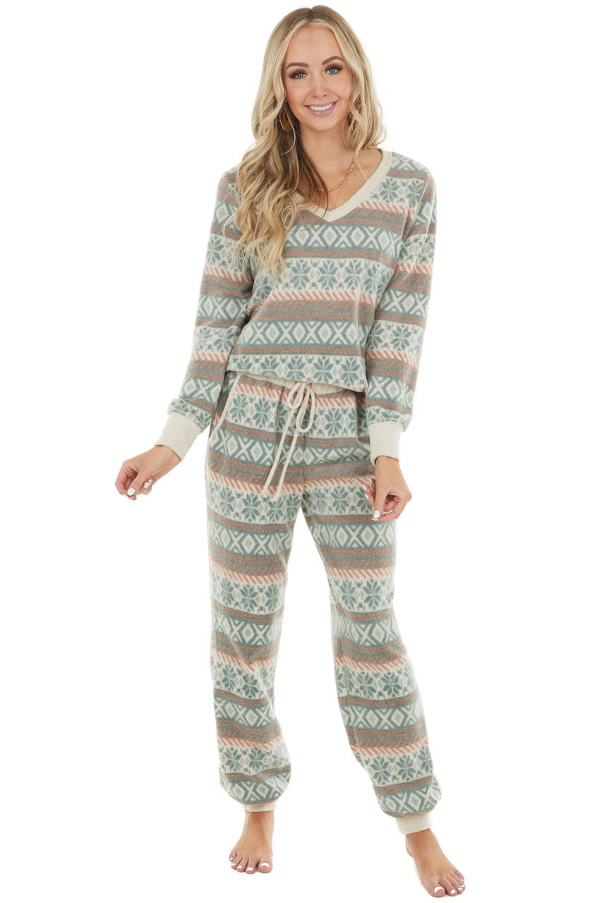 Faded Pine Green Long Sleeve Fleece Fair Isle Knit Top