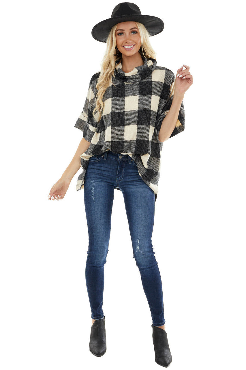 Charcoal and Cream Buffalo Plaid Oversize Top with Cowl Neck 
