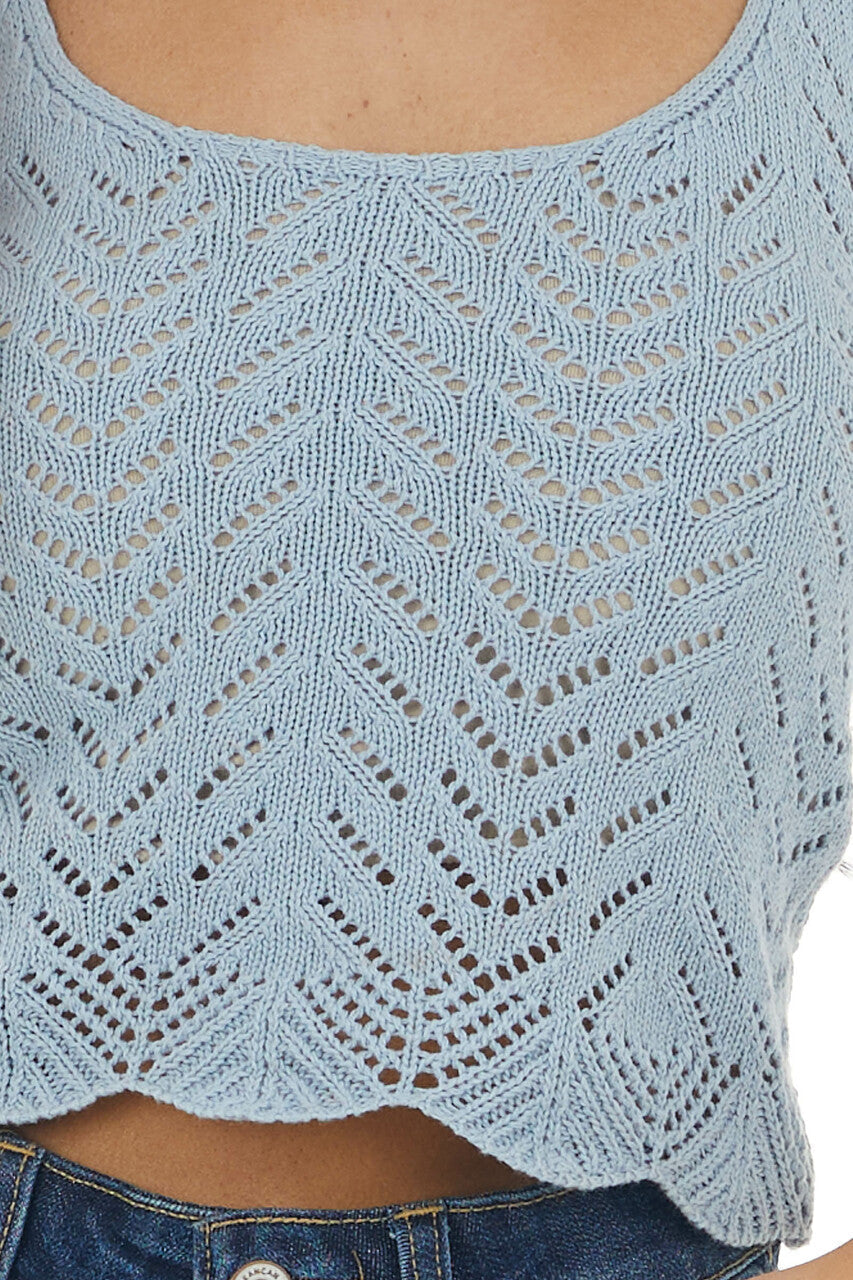 Dusty Blue Cropped Crochet Knit Tank Top with Scalloped Hem