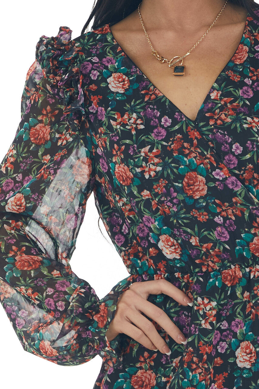 Black Floral Print Surplice Woven Mini Dress