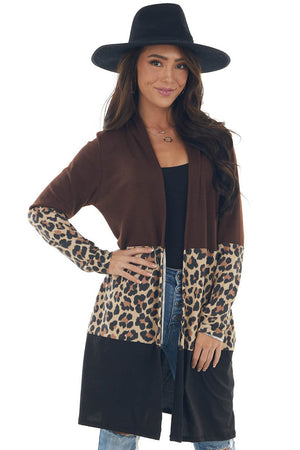 Chocolate Colorblock Leopard Print Cardigan
