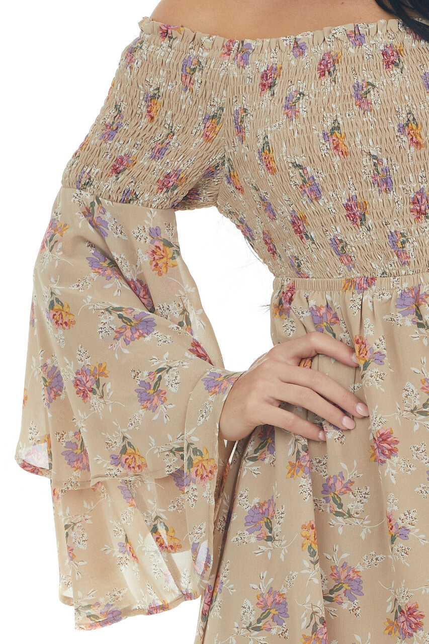 Latte Floral Print Long Sleeve Off the Shoulder Dress