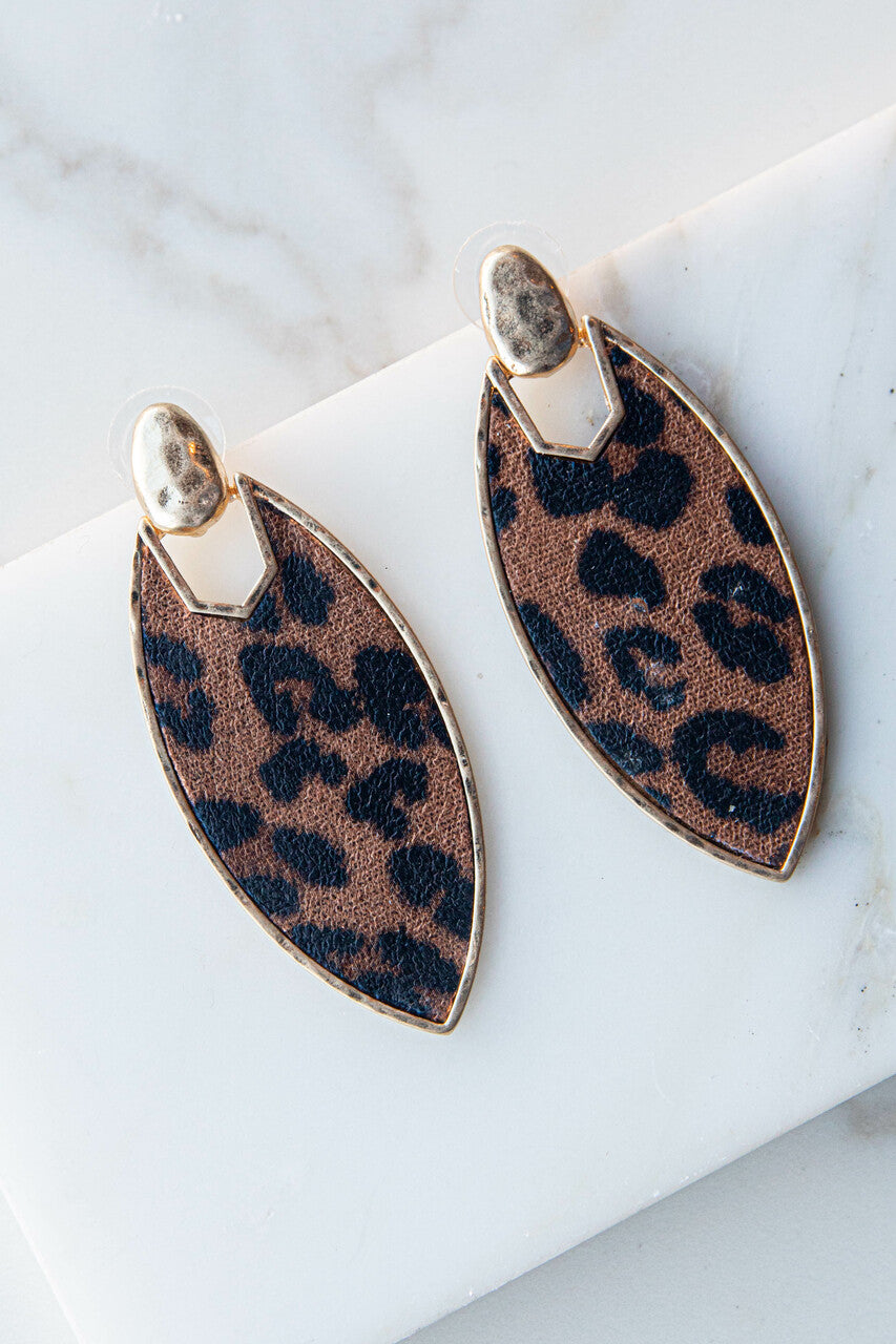 Sepia Leopard Print Marquise Dangle Earrings