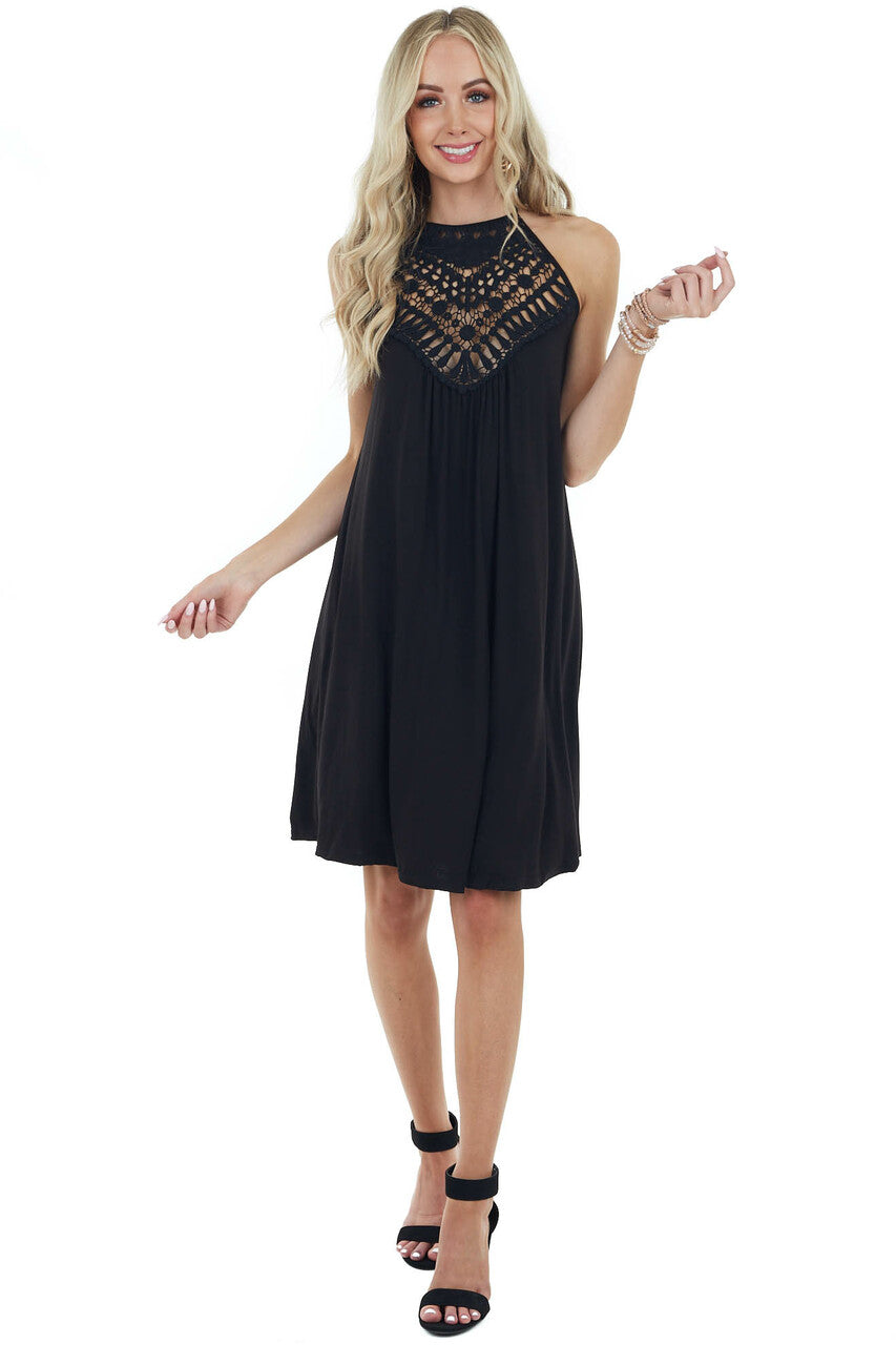 Onyx Black Short Dress with Lace Front and Keyhole Back
