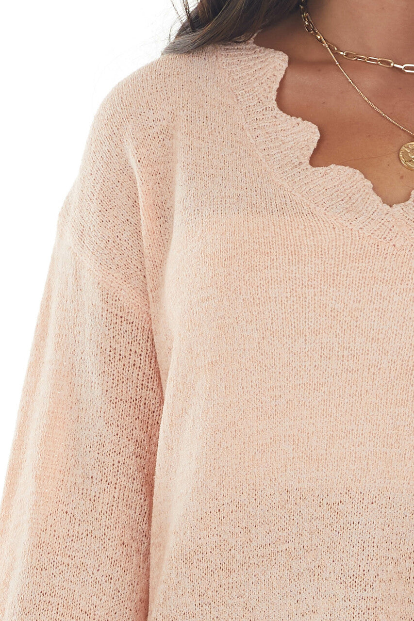 Peach V Neck Sweater with Scallop Details