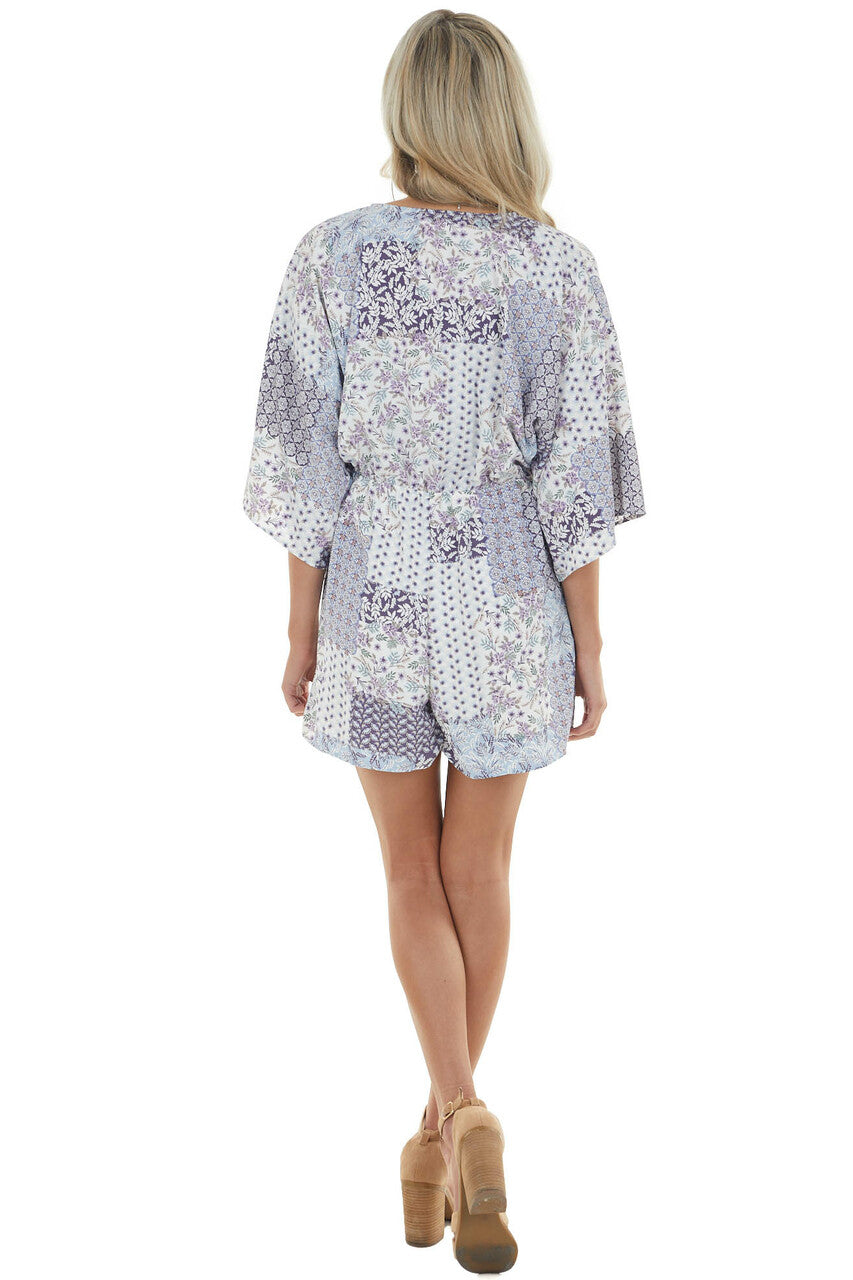Powder Blue Multi Print Kimono Sleeve Romper