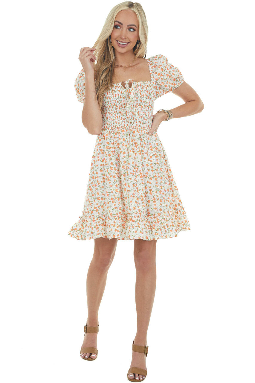 Ivory and Sunset Floral Smocked Short Dress