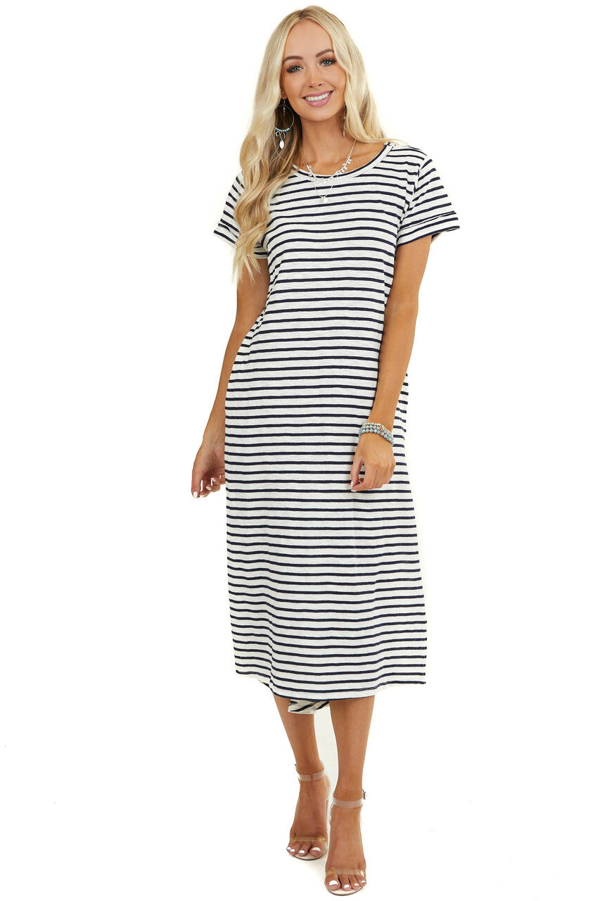 Off White and Navy Striped Dress with Side Pocket Details