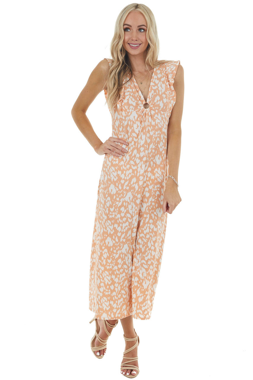 Salmon Printed Short Sleeve Jumpsuit with Front Ring Keyhole