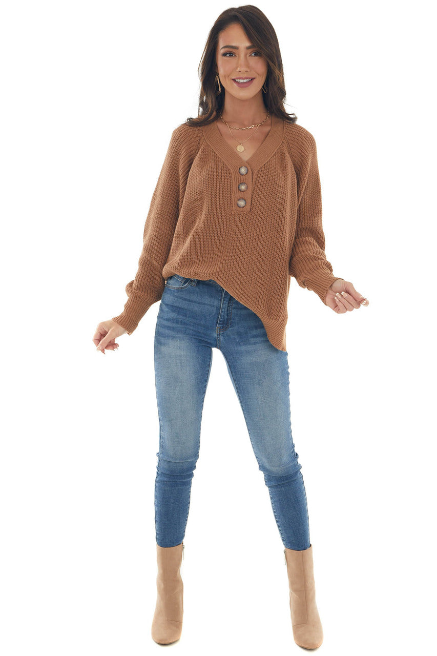 Cognac Long Sleeve Henley Knit Sweater 