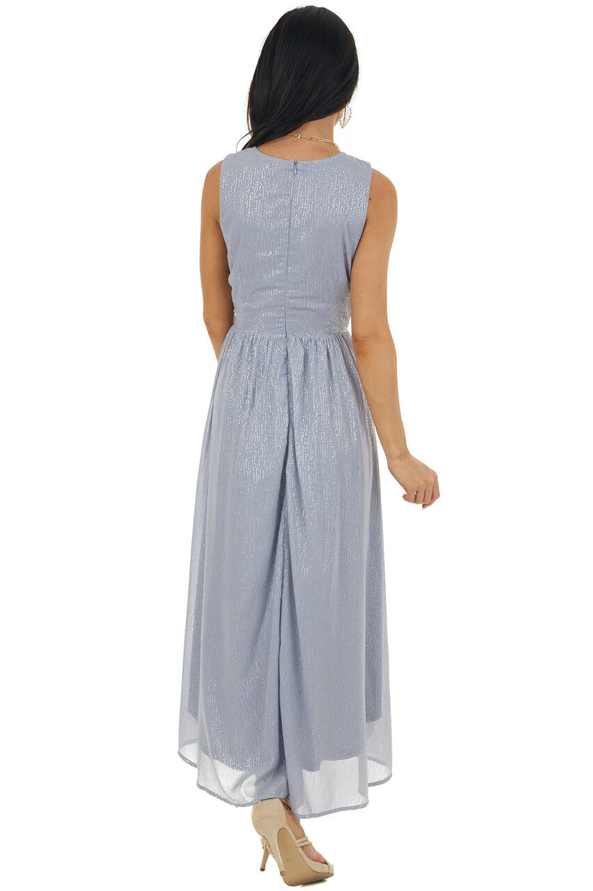 Dusty Blue Glitter Sleeveless Midi Woven Dress with Cut Out