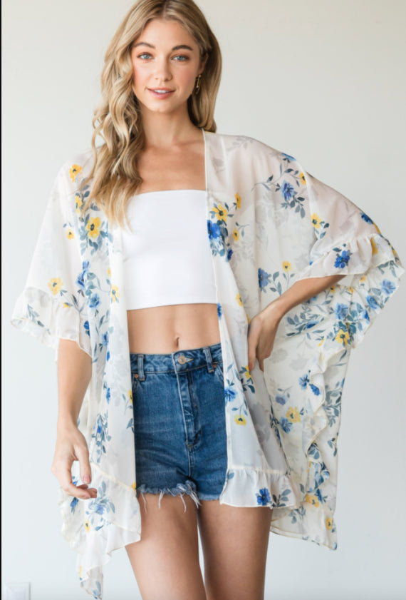 Coconut Floral Print Ruffle Trim Kimono