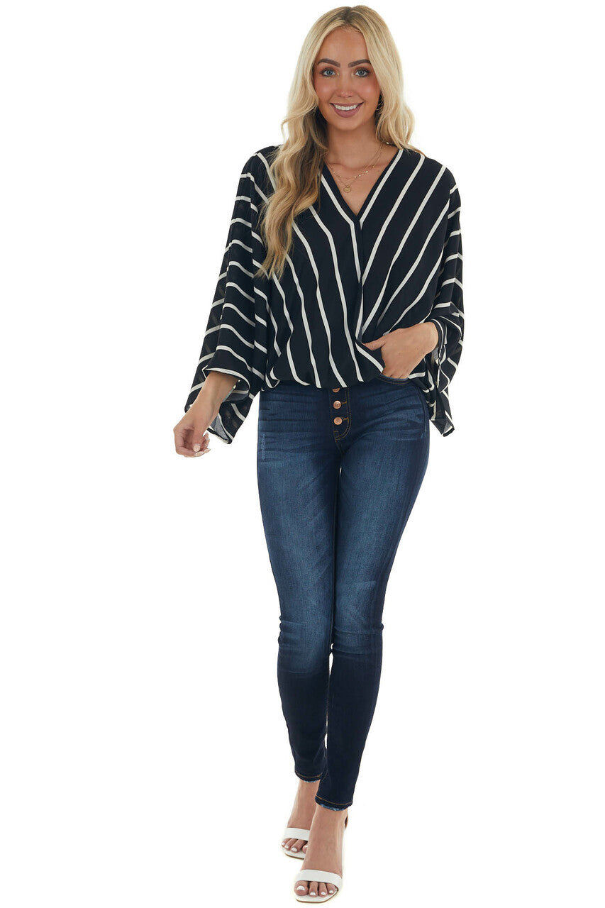 Black and Ivory Striped Surplice Neck Blouse