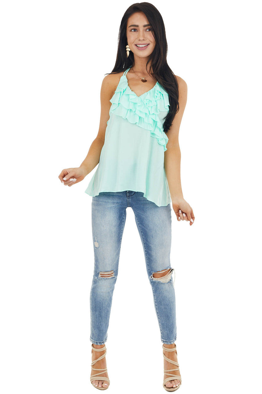 Mint Green Halter Neck Open Back Top with Ruffle Details 