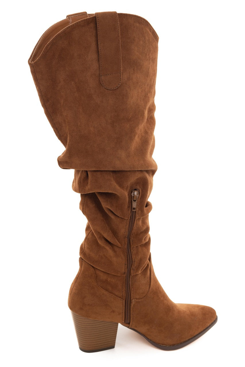 Cognac Pointed Toe Knee High Slouch Boots