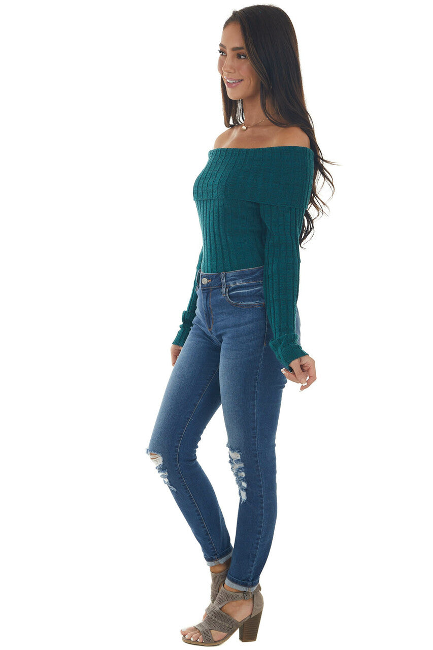 Rich Pine Off Shoulder Ribbed Knit Bodysuit