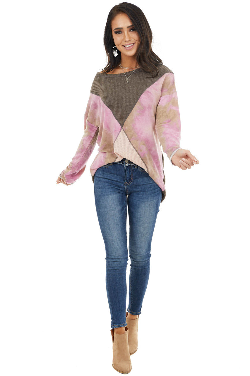 Taupe and Blush Colorblock Long Sleeve Top with Tie Dye 