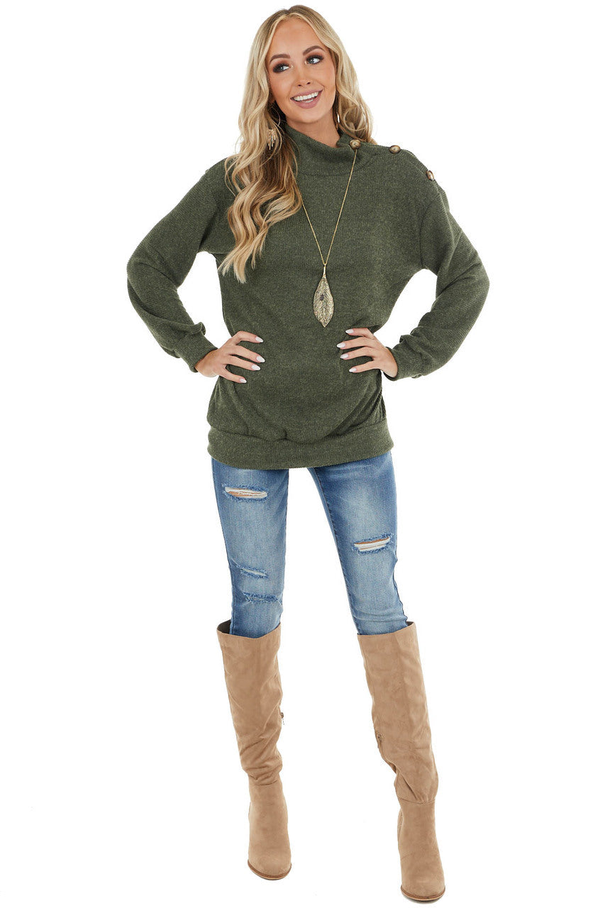 Olive Ribbed Knit Top with Mock Neck and Buttons