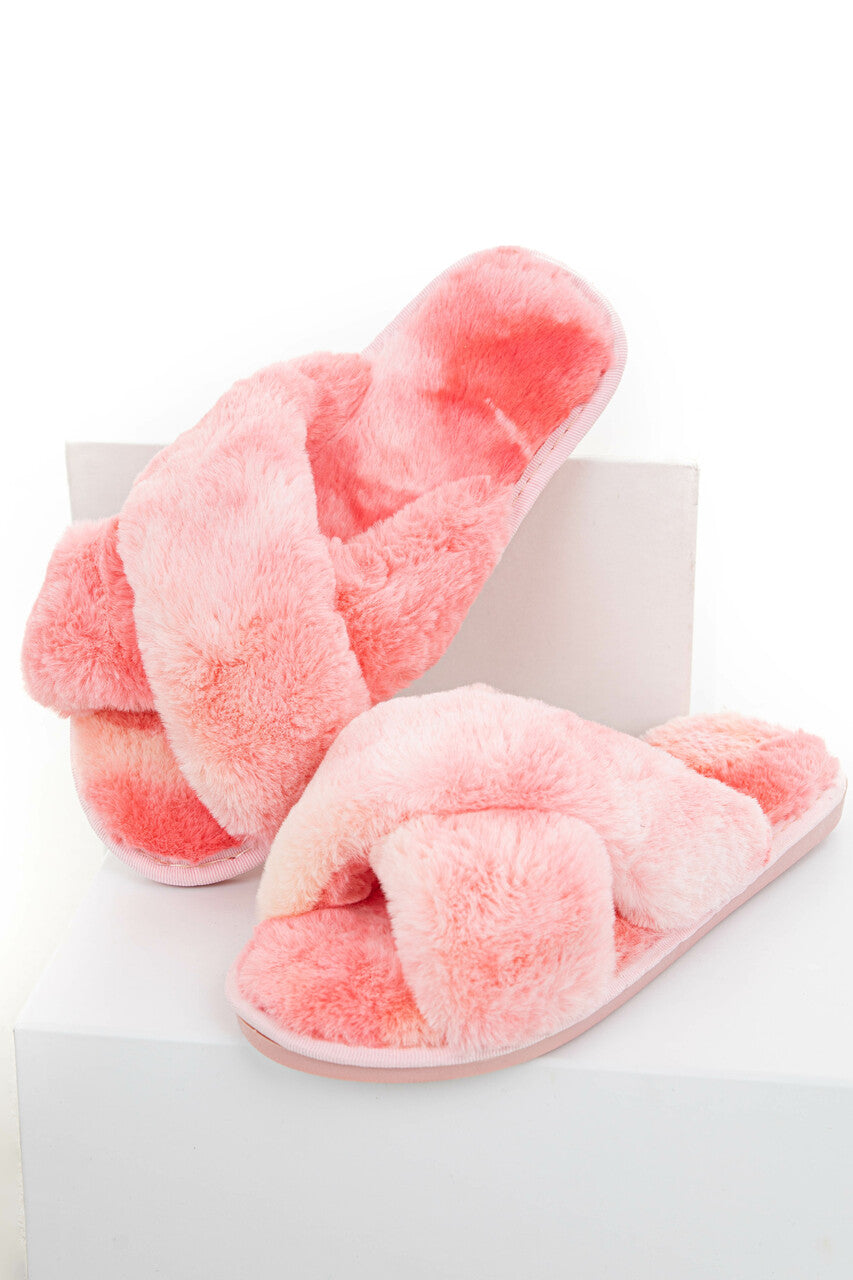Pink Tie Dye Soft Fuzzy Slippers with Criss Cross Straps 