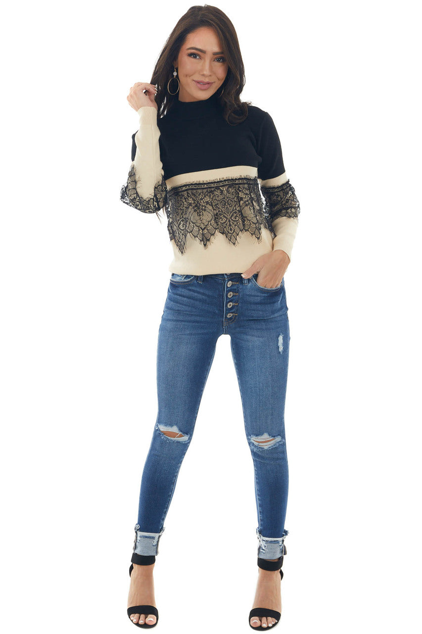 Black and Rich Beige Mock Neck Knit Sweater 