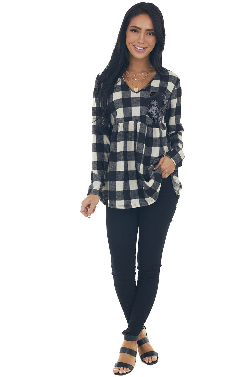 Black Buffalo Plaid Babydoll Sequin Top 