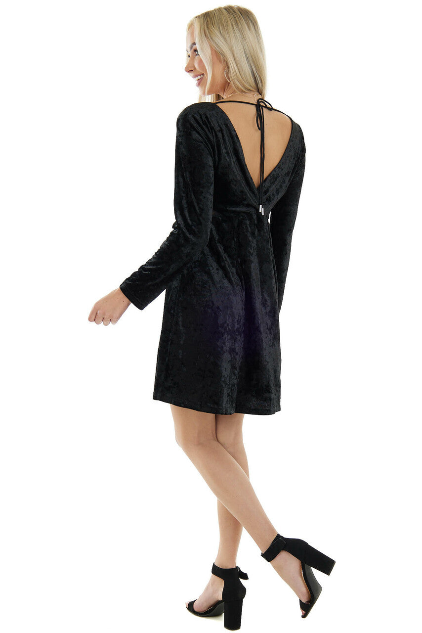 Black Velvet V Neck Lace Trim Short Dress