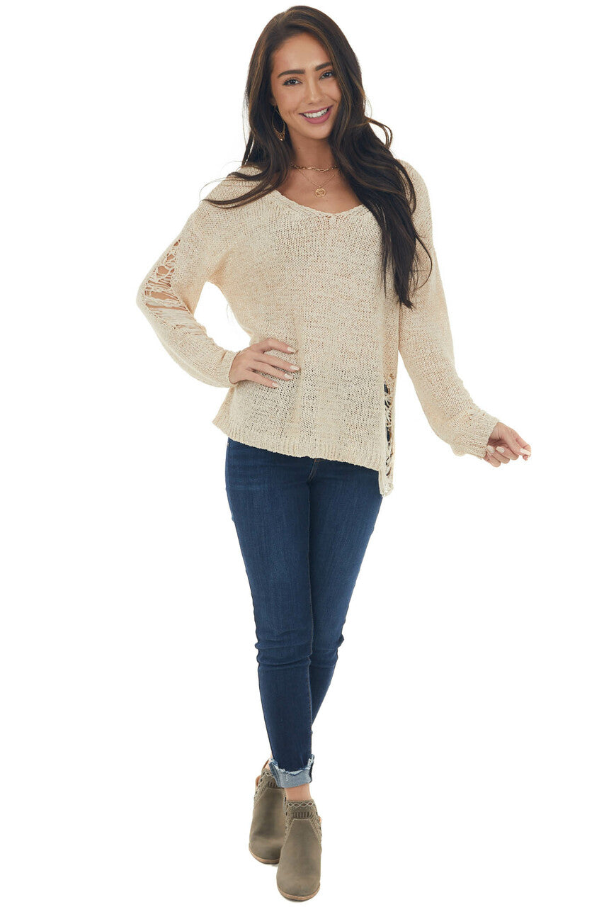 Sand Lightweight Heavily Distressed Sweater