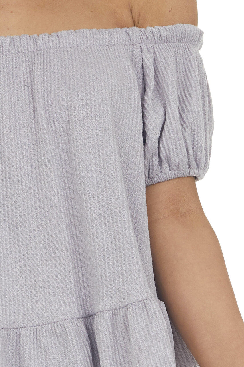 Lavender Boat Neckline Ribbed Knit Crop Top with Ruffles