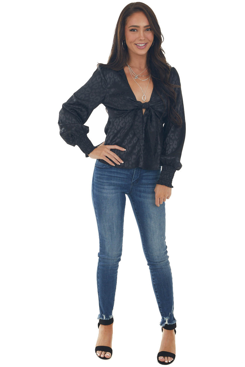 Black Leopard Print V Neck Peplum Satin Blouse