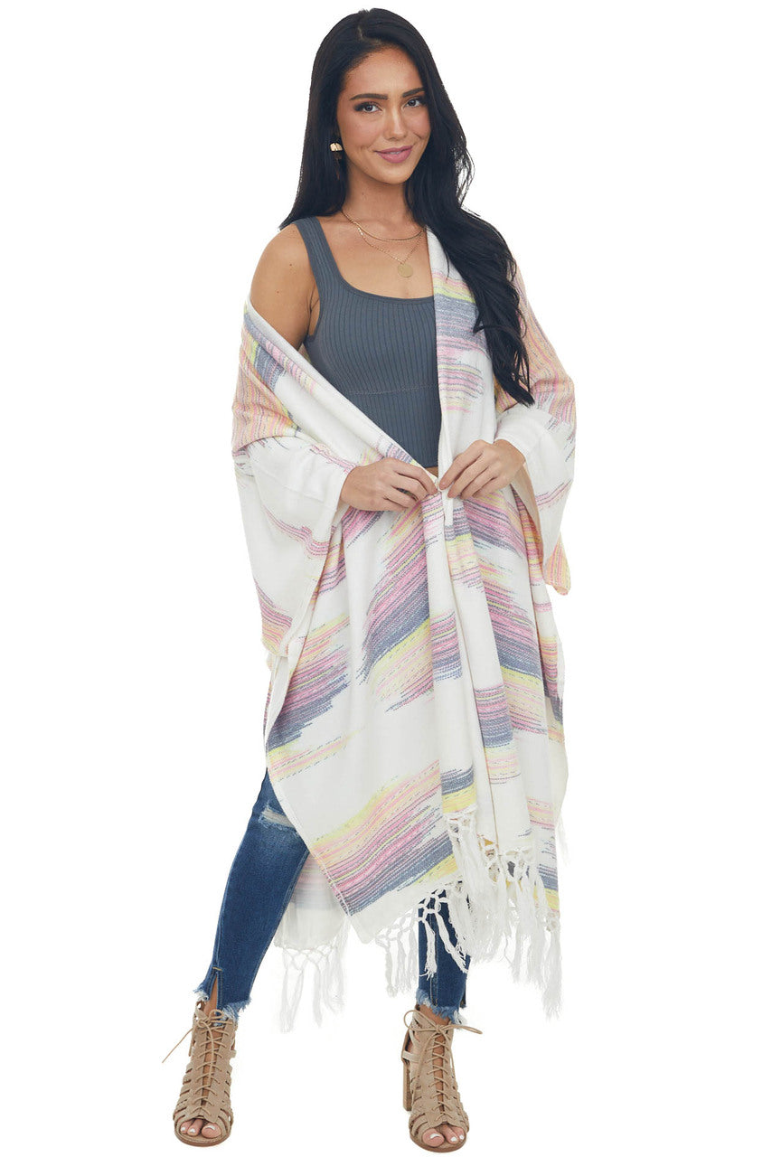 Eggshell Multicolor Fringed Poncho Cardigan 