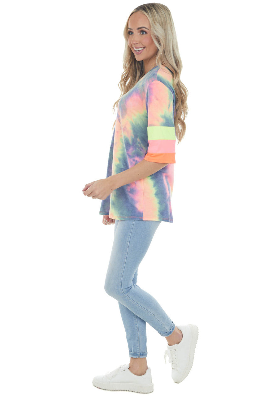 Neon Multicolor Tie Dye Knit Top with Stripe Contrast Detail