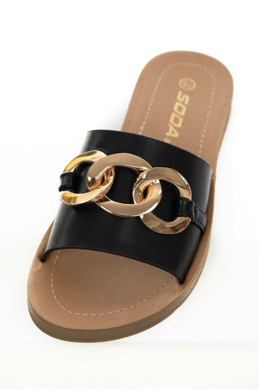 Black Pleather Band Sandals with Chain Detail