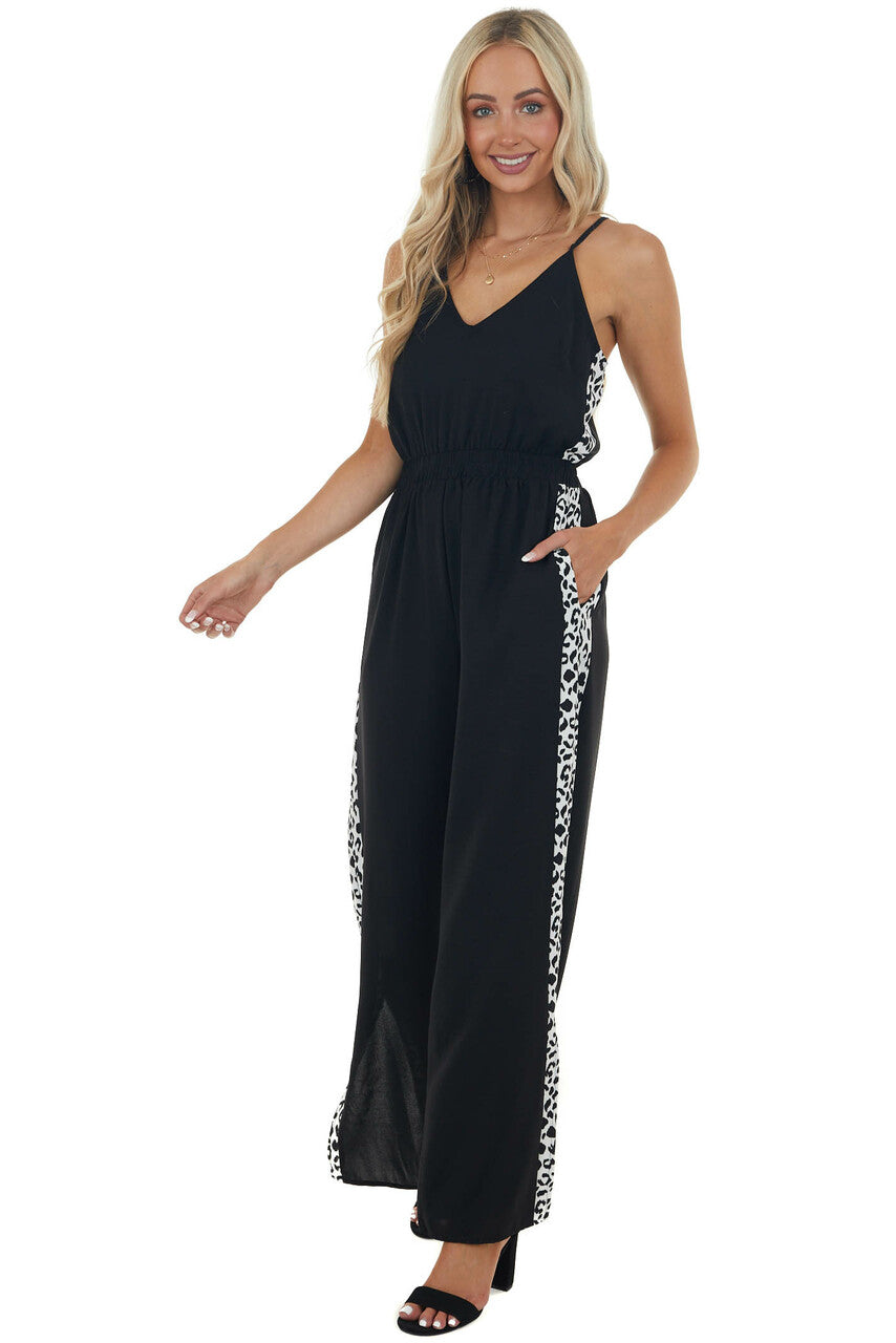 Black Leopard Contrast Sleeveless Jumpsuit 