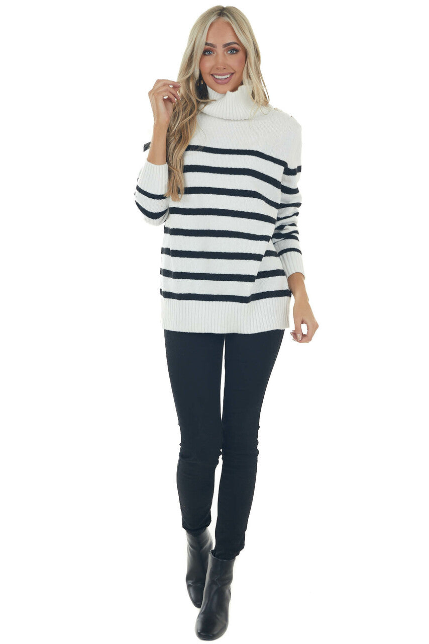 Off White Striped Side Button Up Neck Sweater