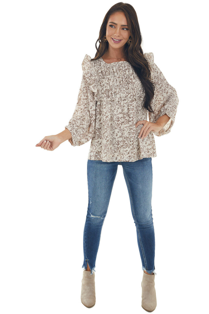 Oatmeal and Sepia Ditsy Floral Print Blouse