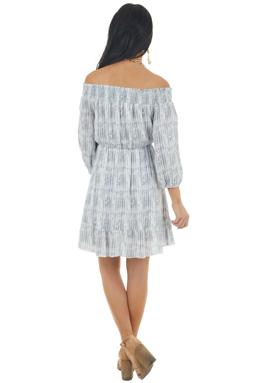 Steel and Ivory Tie Dye Striped Off the Shoulder Mini Dress